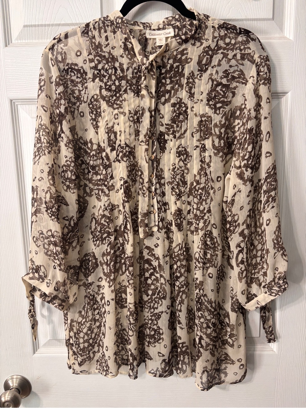 Coldwater Creek Semi-Sheer Blouse Size Lg Tunic Cream Brown Floral Dressy EUC